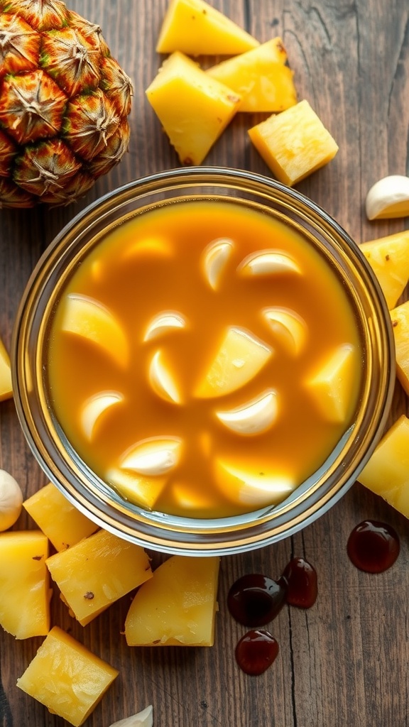 A bowl of pineapple teriyaki marinade with garlic and ginger, surrounded by fresh pineapple on a wooden table.